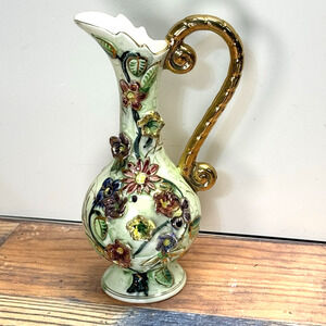 Vtg West Pac Japan Porcelain Hand Painted Gold Trim Floral Relief‎ Vase Pitcher